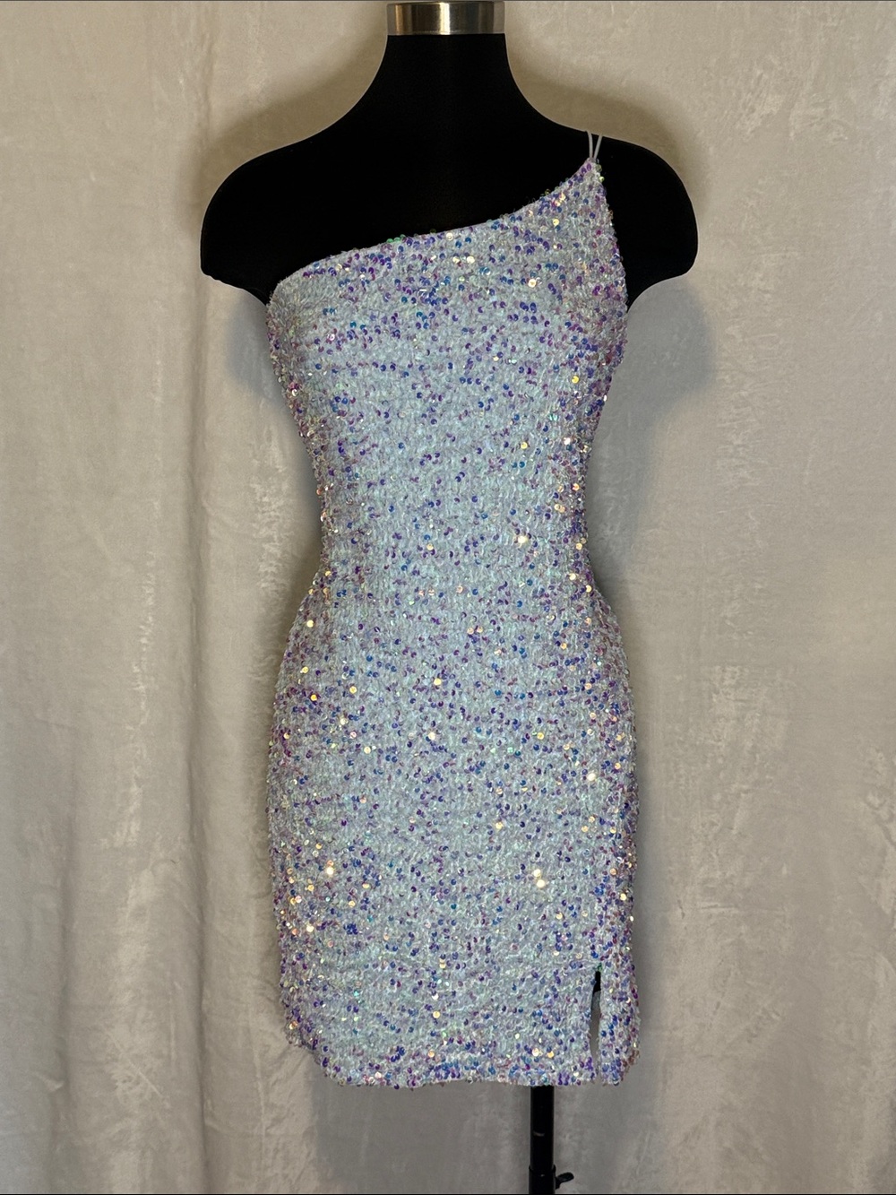 One-Shoulder Sequin Mini Dress in powdered blue